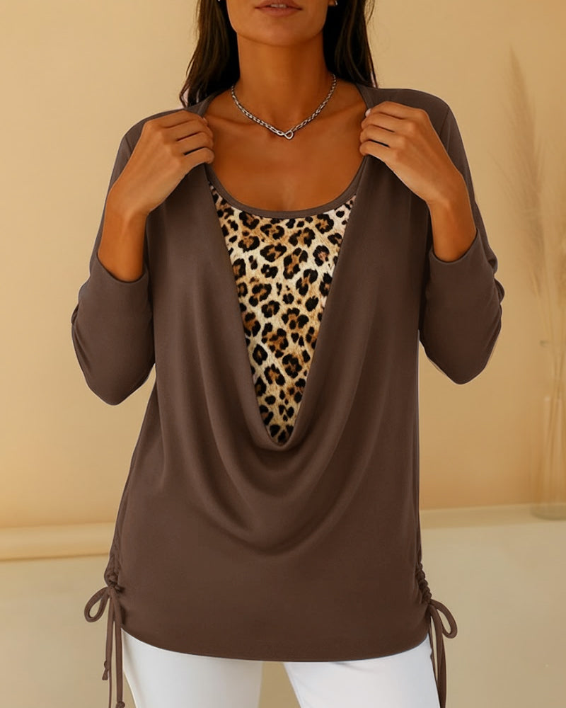 Fake Two-Piece Lace-Up Leopard Print T-Shirt