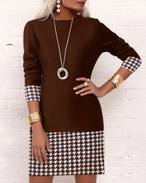 Houndstooth Paneled Long-Sleeved Dress