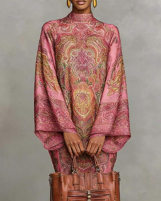 High-Neck Vintage Print Dress