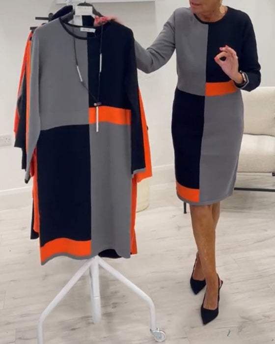 Round neck four-square color matching elegant dress