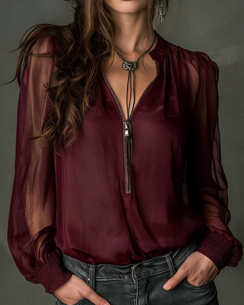 Half-Zip Mesh Long-Sleeve Blouse