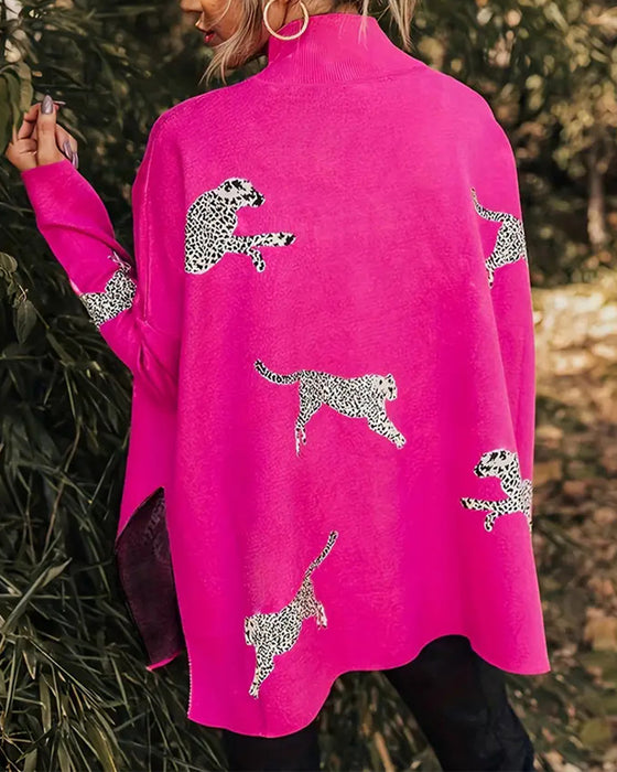 Stylish loose high neck leopard print pullover