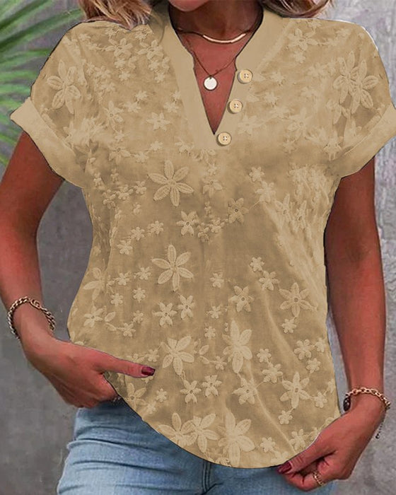 Simple Casual Solid Color V-Neck Short-Sleeved Blouse