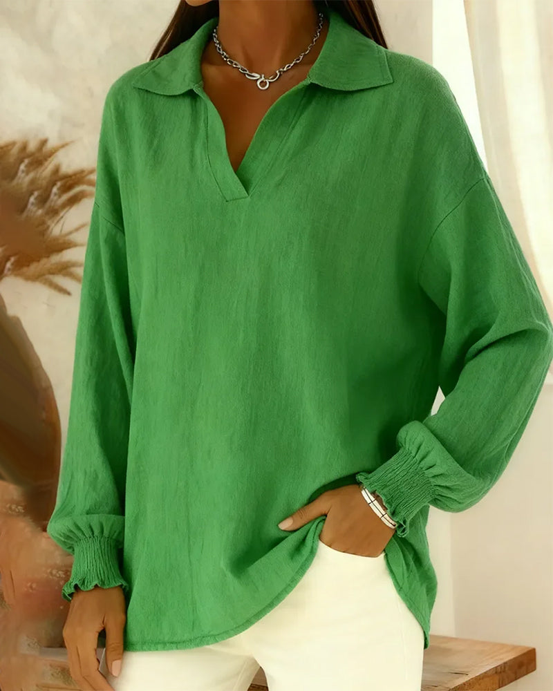 Cotton Lantern Sleeve Collared Solid Color Blouse