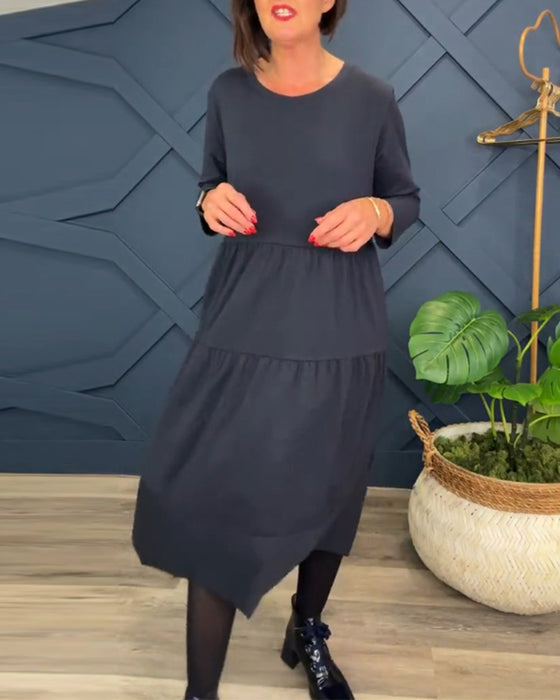 Casual solid color round neck patchwork dress