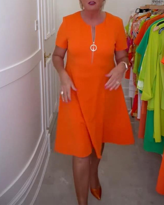 Fashion solid color zipper short sleeve dress