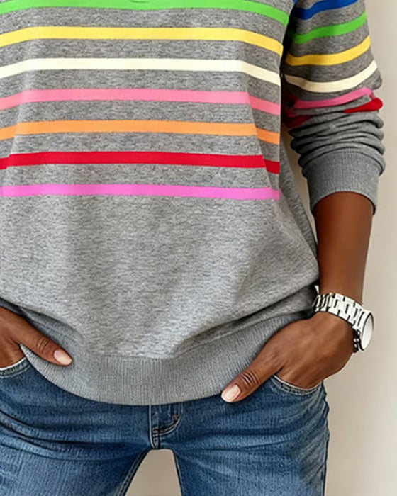 Half-Zip Collar Fashionable Rainbow Striped Sweatshirt