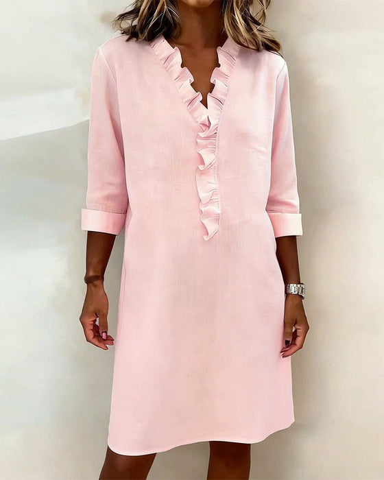 Ruffled V-Neck Solid Color Dress