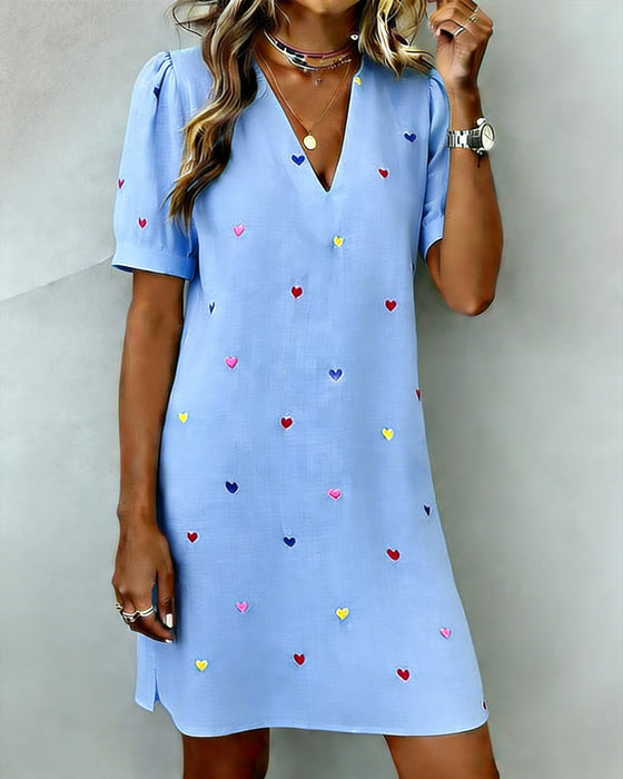 Colorful Heart Print V-Neck Dress