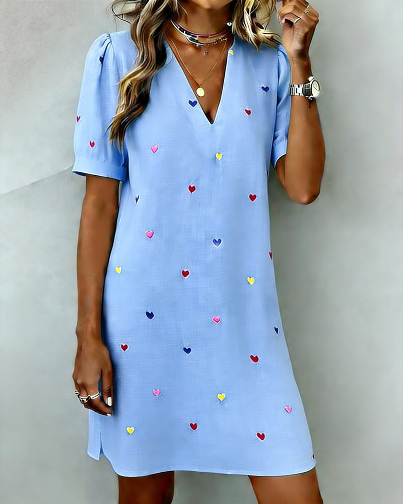 Colorful Heart Print V-Neck Dress