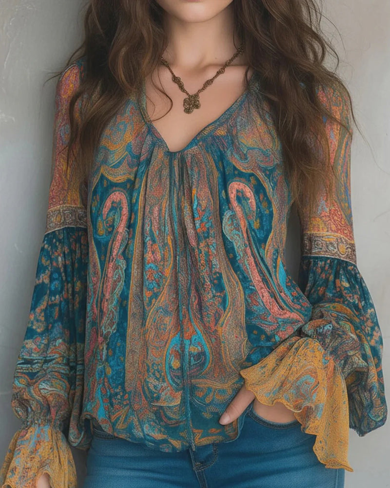 Bohemian Style Flared Sleeve V-Neck Blouse