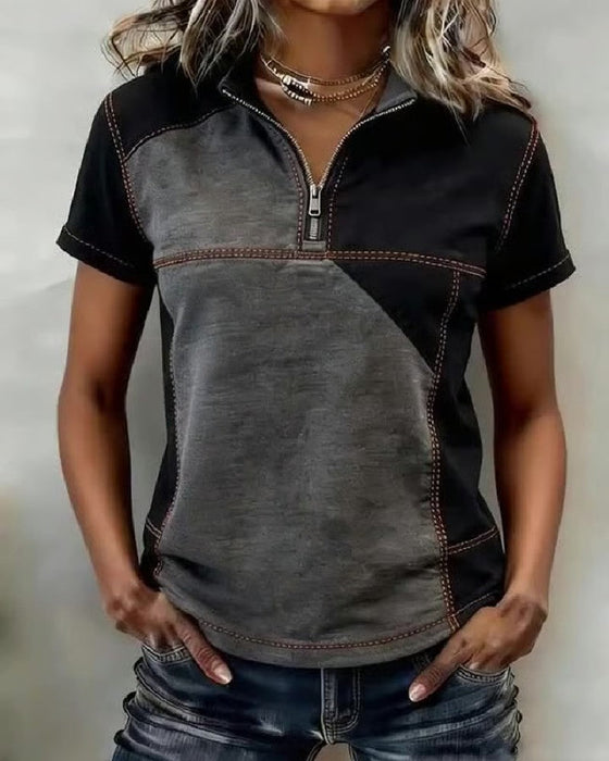 Half-Zip Color-Block Short-Sleeved Top