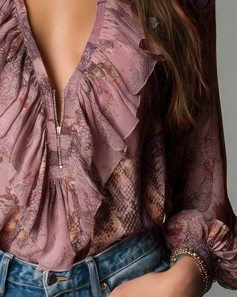 Deep V Ruffle Print Elegant Blouse