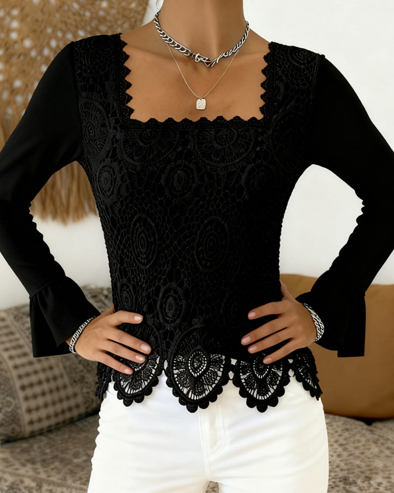 Crocheted Wide-Neck Patchwork Blouse