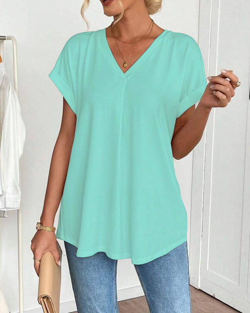 Short-Sleeved Solid Color Patchwork T-Shirt