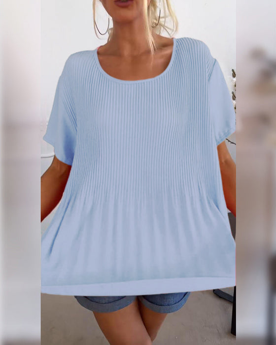 Solid color round neck pleated blouse