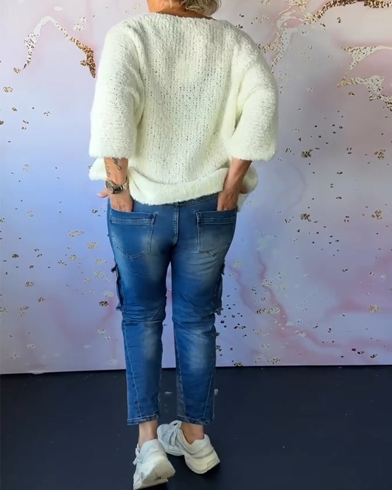 V-neck solid color casual pullover sweater