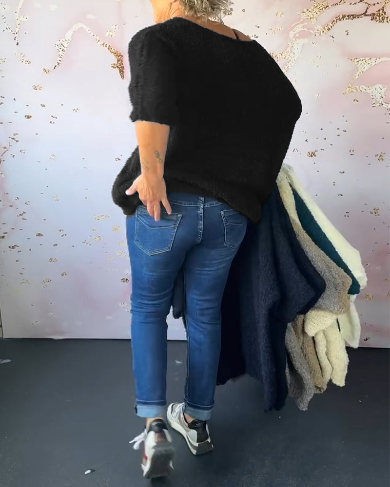 V-neck solid color casual pullover sweater