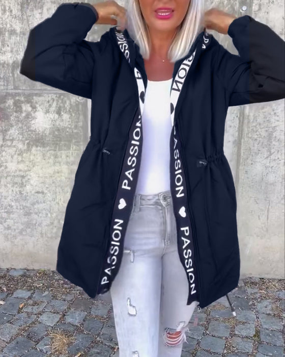 Casual letter print drawstring hooded coat