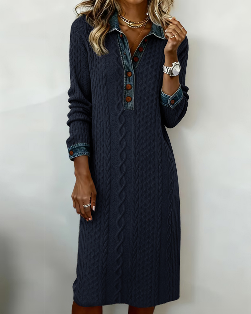 Denim cable knit patchwork collared dress