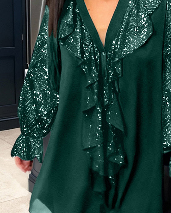 Solid Color Ruffled Loose Blouses