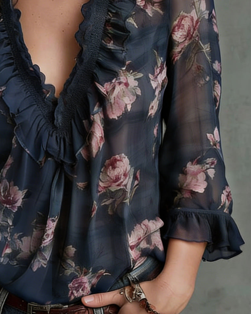 Floral V-Neck Ruffled Blouse