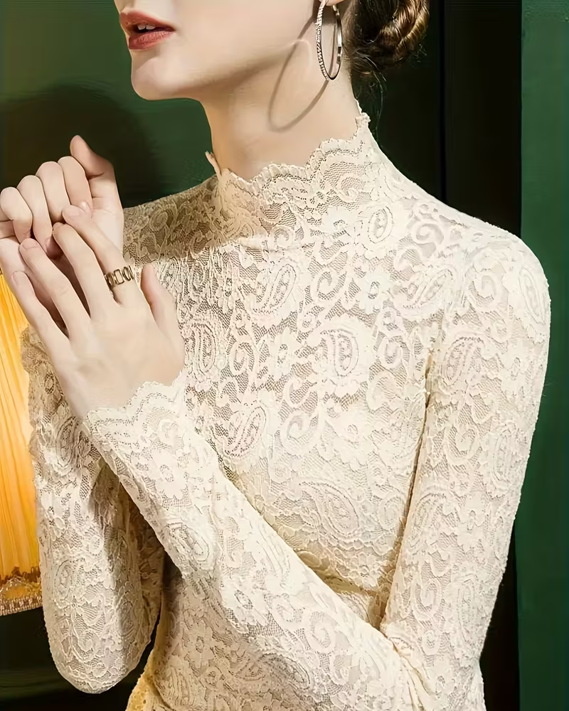 Elegant Solid Half Neckline Long Sleeve Lace Top