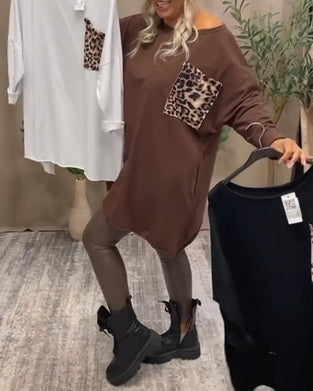 Casual crew neck leopard print pocket long sleeve top