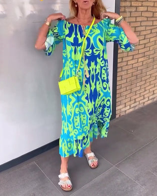 Bell Sleeve Holiday Print Dress