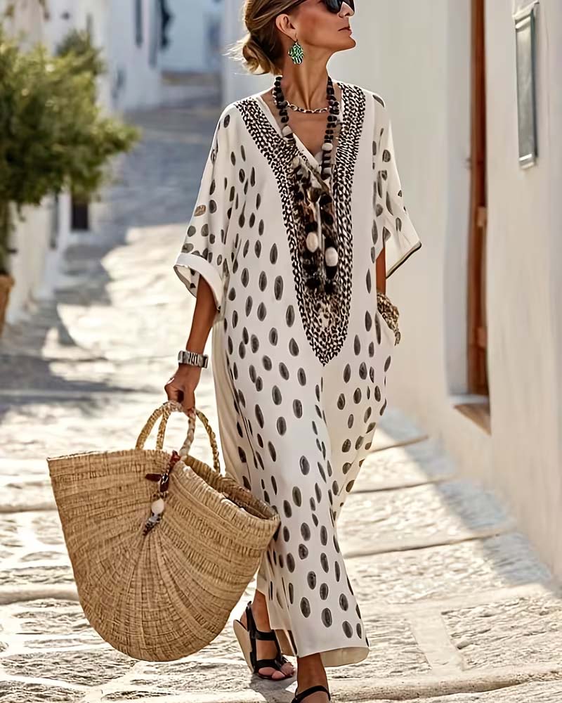 V-Neck Polka-Dot Resort Print Dress