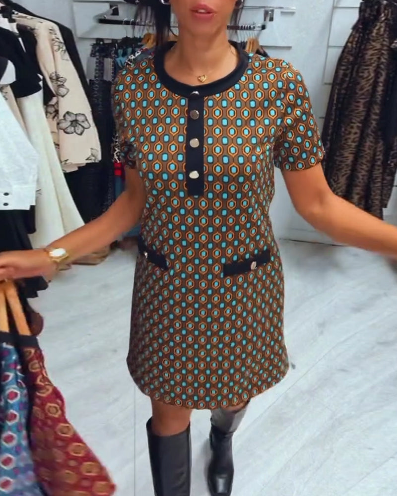 Fashionable polka dot print round neck short sleeve dress