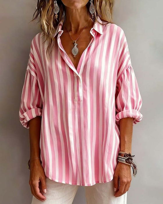 Striped Loose-Fitting Collared Blouse