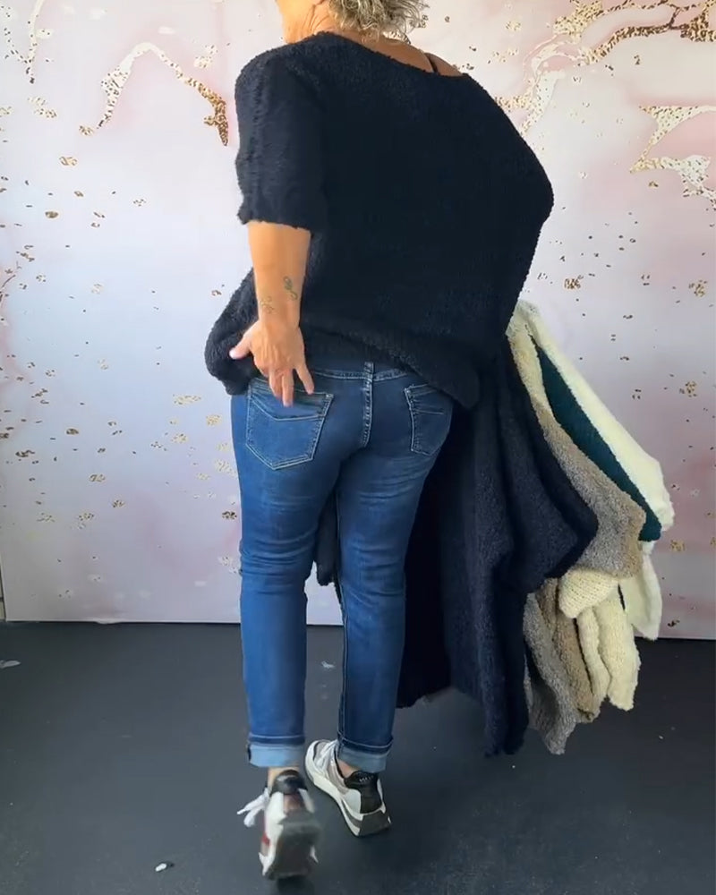 V-neck solid color casual pullover sweater