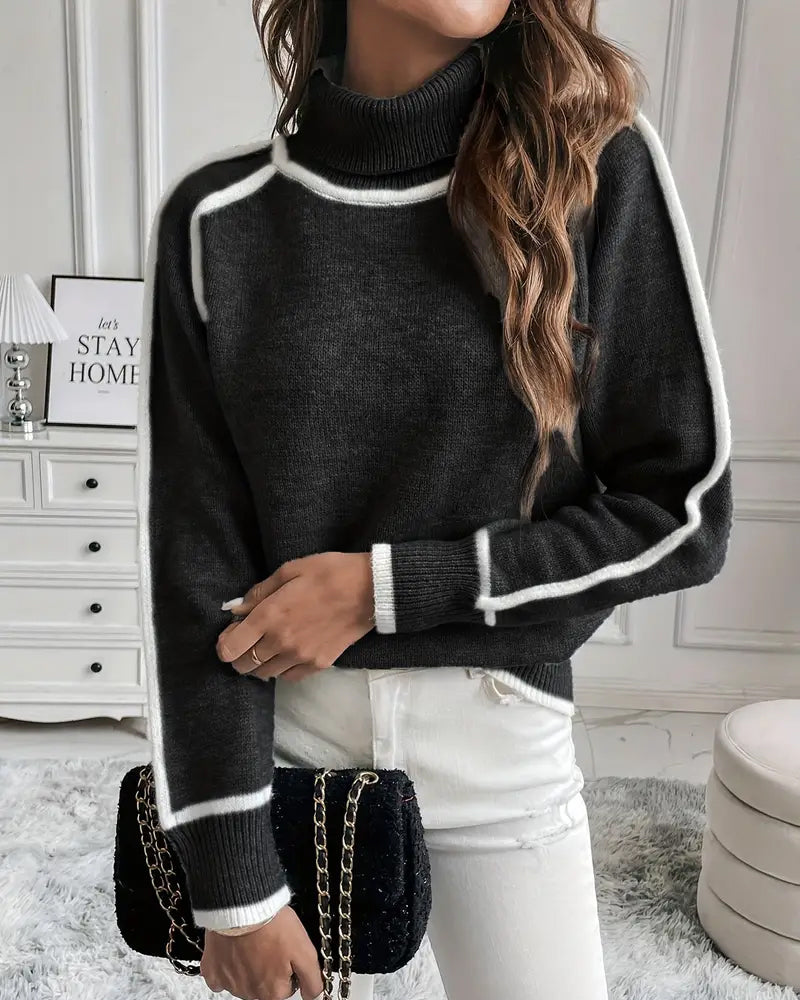 High collar contrast color simple pullover sweater