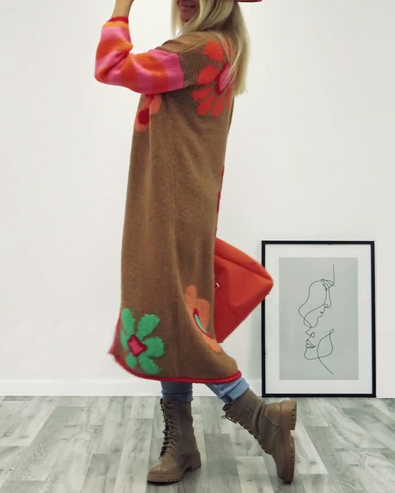 Floral pattern casual long cardigan