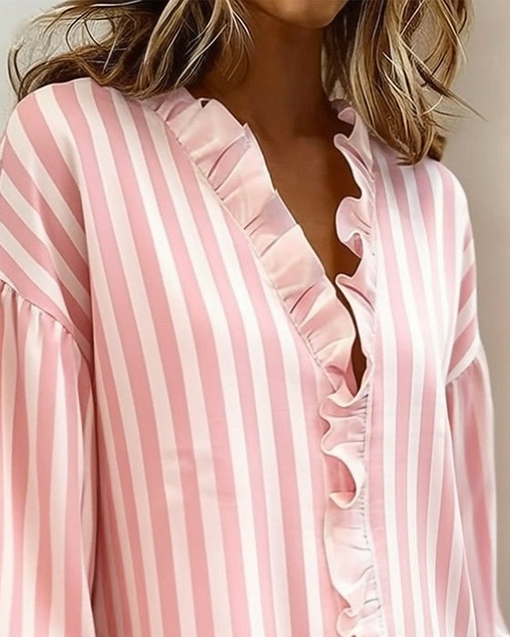 Ruffled Long-Sleeved Striped Blouse