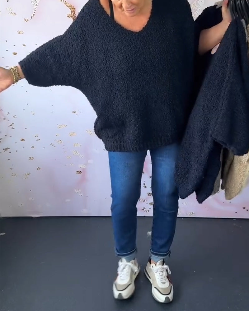 V-neck solid color casual pullover sweater