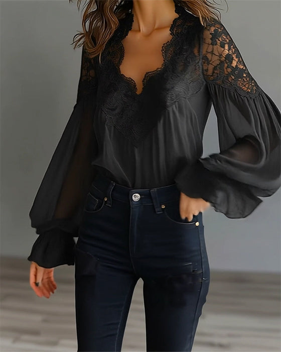 Lace Patchwork V-Neck Blouse