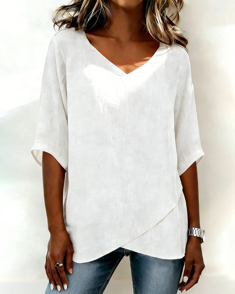 Irregular Hem Solid Color V-Neck Top