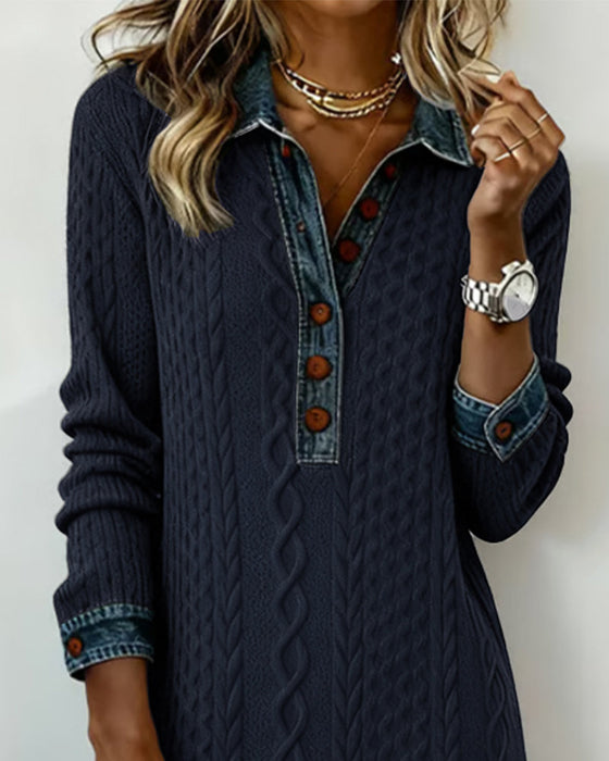 Denim cable knit patchwork collared dress