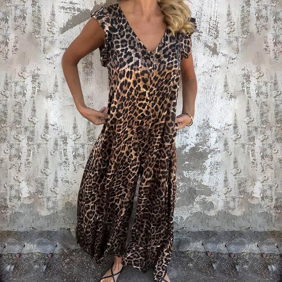 V-Neck Leopard Print Jumpsuit