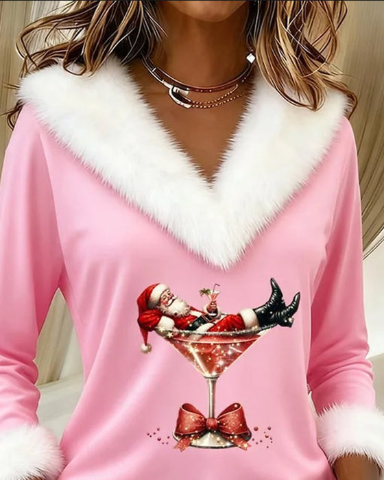 Plush Christmas Print Long Sleeve Top