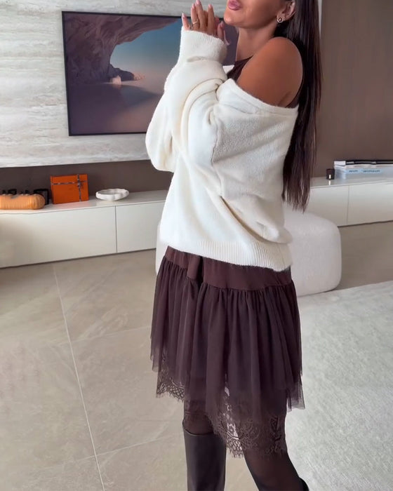 Off-Shoulder Loose Sweater & Lace Hem Dress