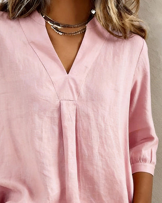Casual Cotton Solid-Color V-Neck Blouse