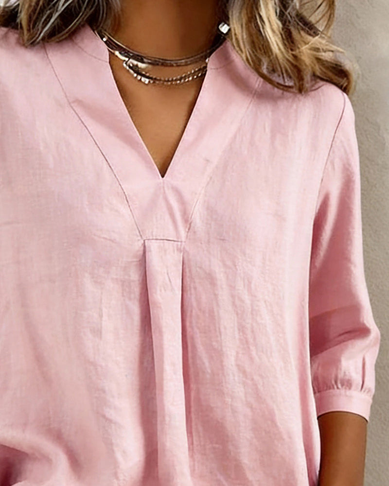 Casual Cotton Solid-Color V-Neck Blouse