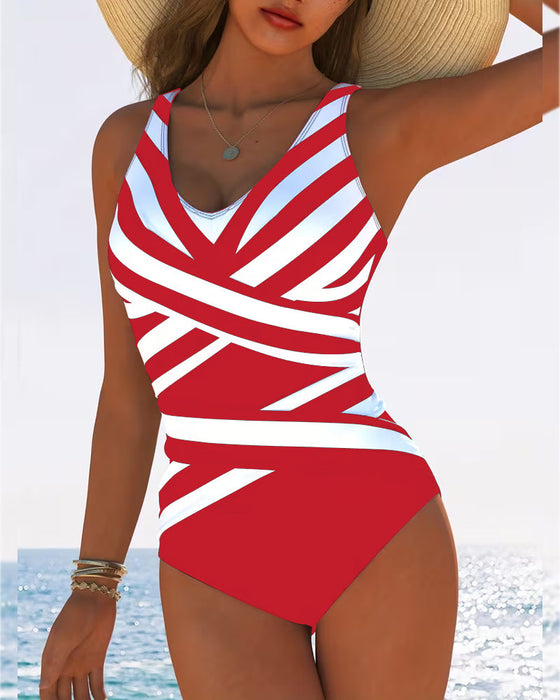 Casual Striped V-Neck One-Piece Swimsuit
