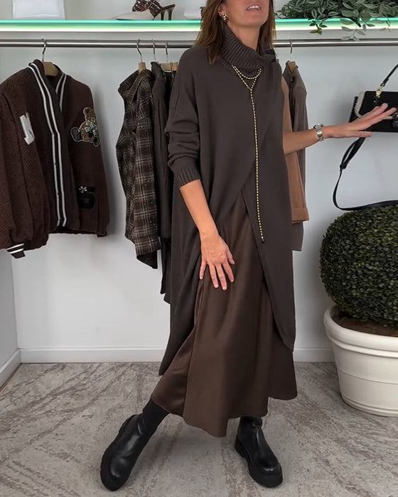 Fashion solid color high collar slit pullover