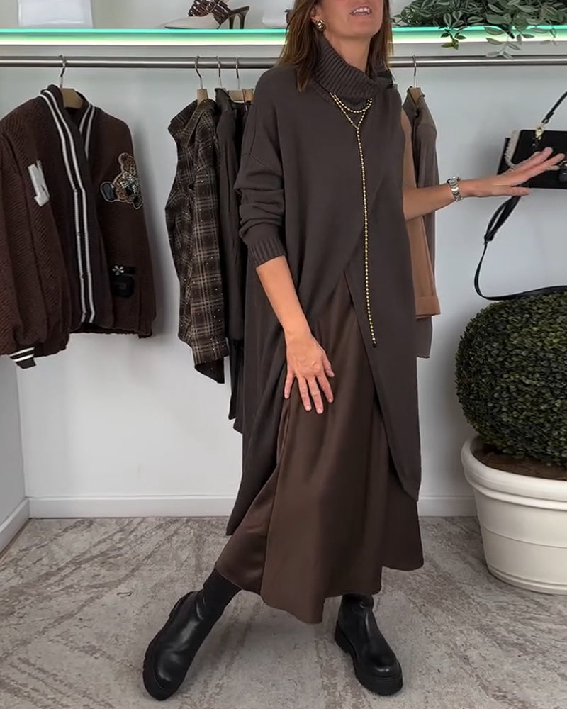 Fashion solid color high collar slit pullover