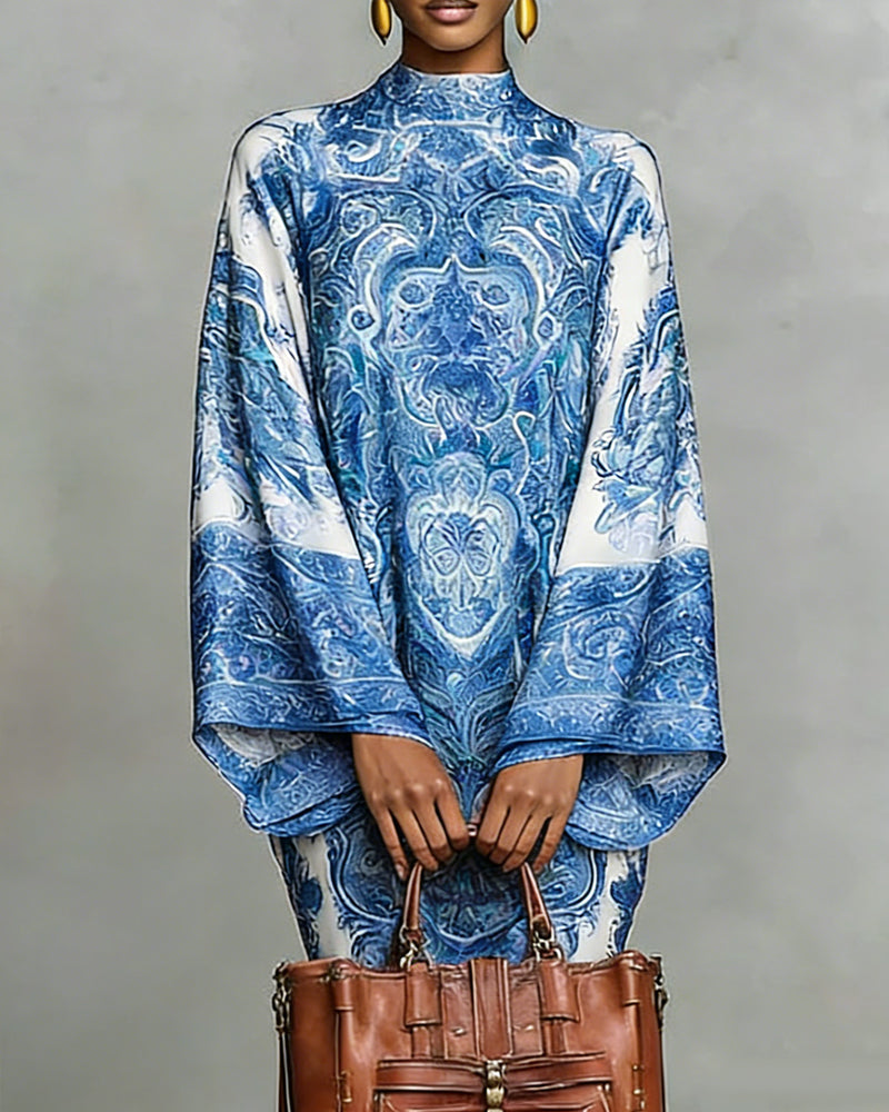 High-Neck Vintage Print Dress