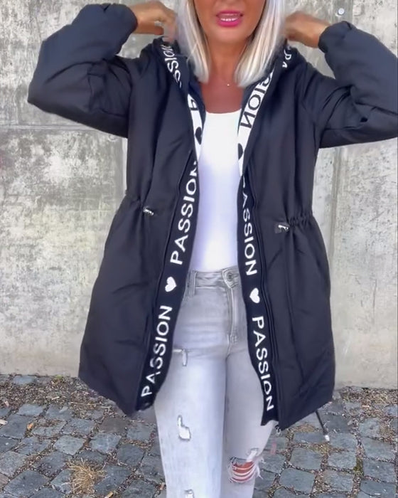 Casual letter print drawstring hooded coat